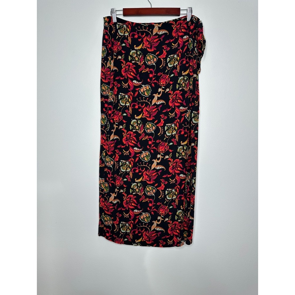New York and Co Maxi Wrap Skirt Size 12 Black Floral Boho Hippie‎